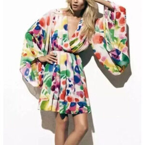 H&M Pink and Yellow Plunge Neck Bishop Sleeve Mini Sundress